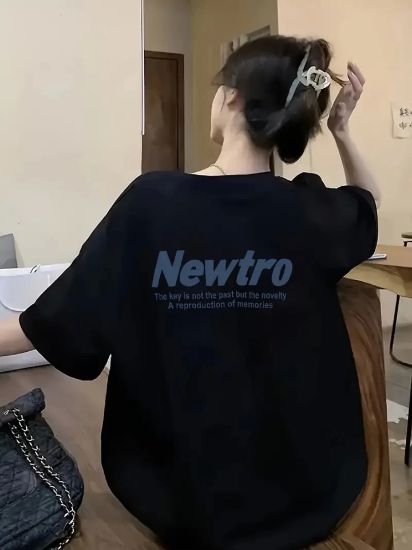 Baskılı Oversize Bisiklet Yaka T-shirt - Siyah resmi